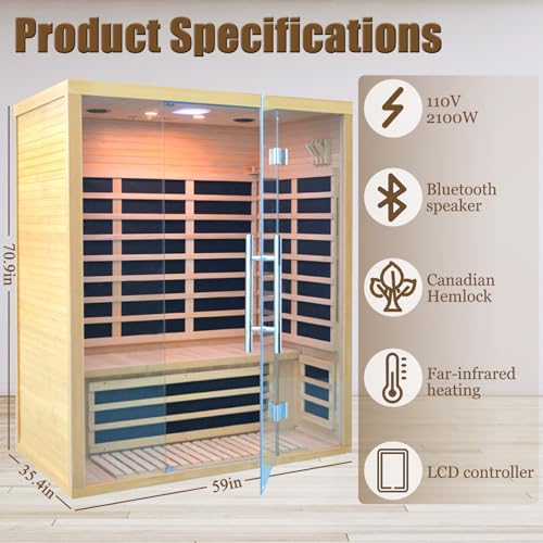 Homsido 2-3 Person Indoor Infrared Sauna, 11 Low EMF Far Infrared Carbon Panel Hemlock Wood Sauna Room Indoor Home Sauna with Tempered Glass Door,Bluetooth Speakers, Chromotherapy Lights(110V, 2100W) Homsido