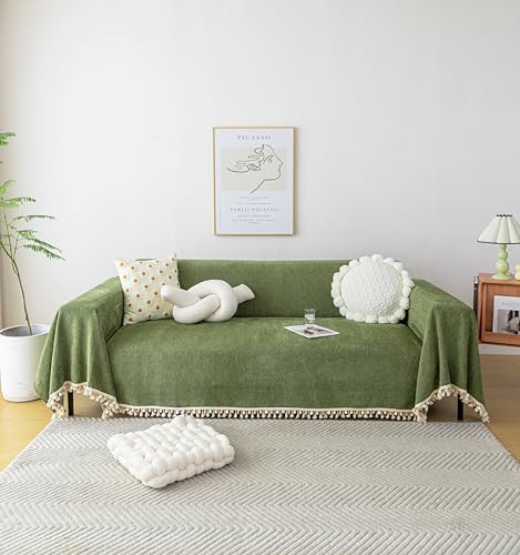HANDONTIME Green Sofa Cover Vintage Couch Cover for Dogs 71" X118" Couch Cushion Covers with Tassel Herringbone Sofa Cover Boho Sofa Covers for 3 Cushion Couch Chenille Soft Loveseat Sofa Covers HANDONTIME