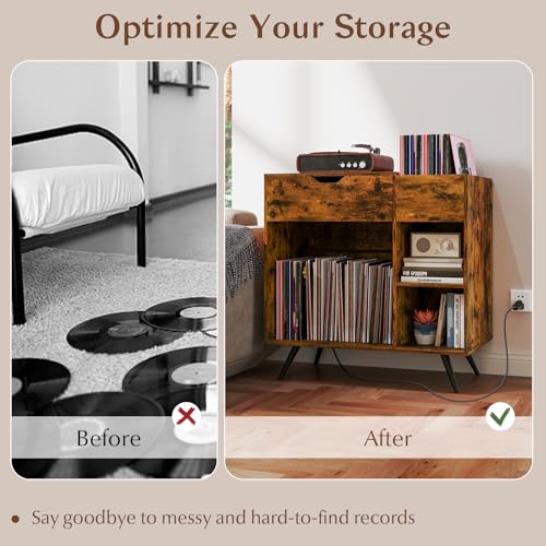 LOKO Record Player Stand with Charging Station, Vinyl Record Holder with Removable Divider, Industrial Turntable Display Stand, Record Storage Table Cabinet for Living Room, Bedroom, Rustic Brown LOKO