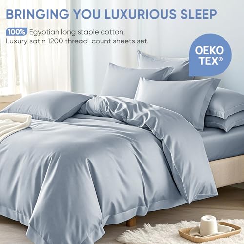 TWK 1200 TC 100% Egyptian Long-Staple Cotton Bedding Sheets Set, Luxury Hotel Style Deep Pocket with Elastic Reinforced Seams Sheet Set, Soft & Comfy Natural Sheets (French Blue, Full) TWK