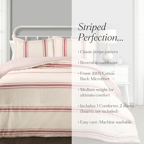 Lush Decor Farmhouse Stripe Reversible Cotton Comforter Set, 3 Piece Set, Full/ Queen, Red - Cozy Farmhouse Bedding Set - Rustic Decor - Striped Comforter - Modern Farmhouse Bedroom Decor Lush Decor
