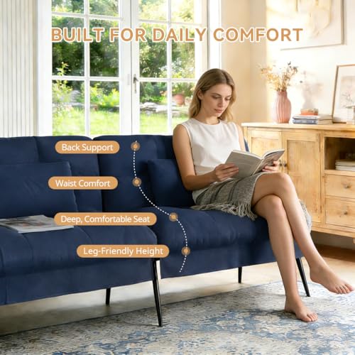COMHOMA 72″Futon Sofa Bed,Modern Convertible Sleeper Sofa, Fabric Futon Couch with Multi-Position Backrest for Living Room Furniture (Blue) COMHOMA