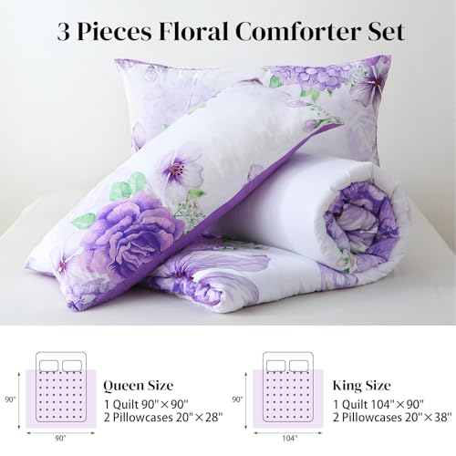 Heymybed Floral Comforter Set Queen Size, 3 Pieces Elegant Purple Floral Bed in a Bag, Soft Microfiber Botanical Flower Bedding Set with 2 Pillowcases for All Season 90"×90" Heymybed