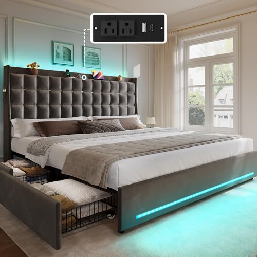YITAHOME King Size Bed Frame with 4 Drawers and RGB LED Lights, Velvet Upholstered Platform Bed with Charging Station and Storage Headboard, No Box Spring Needed, Easy Assembly, Noise-Free, Grey YITAHOME