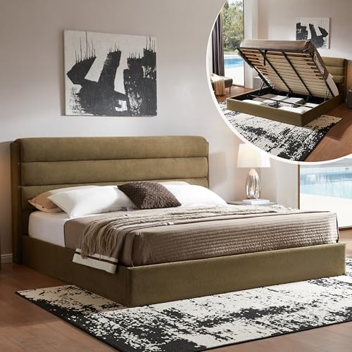 Zanmintaobo Lift Up Storage Bed King Size, Upholstered Platform Bed with Hydraulic System & Wood Slats Support, King Bed Frame with 3-Panel Headboard, No Box Spring Needed, Easy Assembly, Green Zanmintaobo