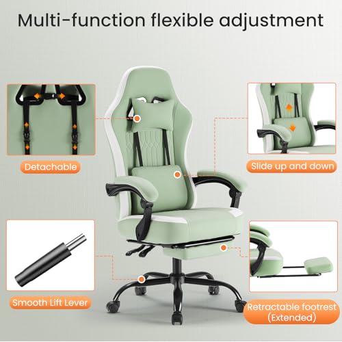 Sweetcrispy Computer Gaming Chair - High Back Ergonomic Desk Chair with Footrest and Lumbar Support, Height Adjustable Task Chair with Linkage Armrests and Headrest, 360° Swivel Wheels, Green Sweetcrispy