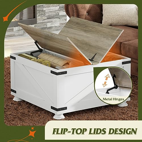 WLIVE Farmhouse Coffee Table,Square Wood Coffee Table with Storage,Center Table for Living Room,Home Office,White WLIVE