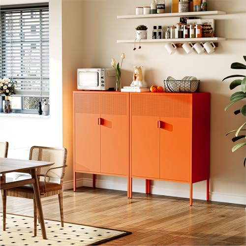 COFaR Orange Metal Storage Cabinet, 47”H Vibrant Coffee Bar & Buffet Sideboard with Adjustable Shelves, Fun Kitchen Organizer, Ventilated Steel Cabinet with Magnetic Doors for Dining Room, Office COFaR