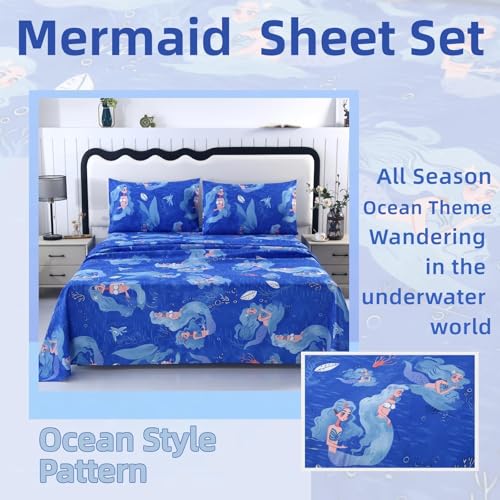 MAG 4Pcs Mermaid Full Size Sheet Sets,Blue Ocean Sheets,Kids’ Microfiber Bedding Sheet Set 1 Fitted Sheet 14''Deep Pocket +1 Flat Sheet+2 Pillowcases for Toddler Boys and Girls,Breathable and Wrinkle. MAG