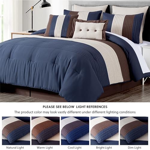 Chezmoi Collection Loft 8-Piece Queen Comforter Set, Midnight Blue/Brown/Coffee Cream Luxury Striped Bedding for All Season Chezmoi Collection