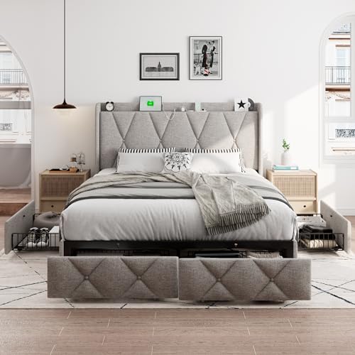 iPormis Modern Upholstered Queen Bed Frame with 4 Storage Drawers and Charging Station iPormis