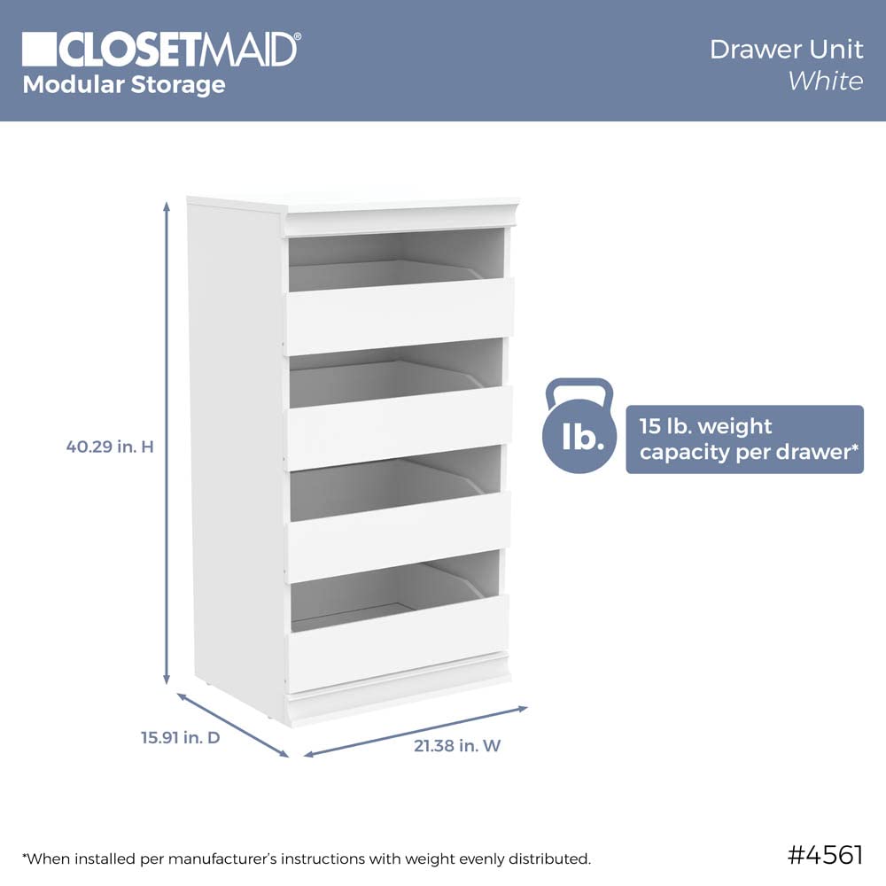 ClosetMaid Modular Storage Unit with 4 Drawers, Wood Closet Organizer, Stacking, Full Backer, Storage, Decorative Trim, White ClosetMaid