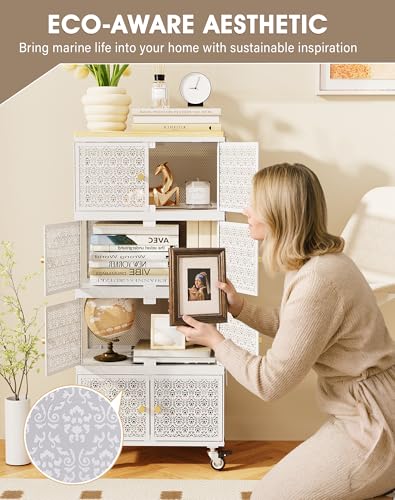 4 Tier Metal Storage Cabinet with wheels, Storage Bins with Magnetic Doors, Storage Cart for Living Room Wofufuza