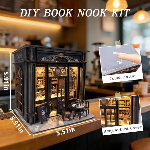 Coffee Shop Book Nook Kit, DIY Miniature House Kit with Led Light for Adult and Teens, 3D Wooden Puzzles Book Nook, Tiny House, Gifts for Family and Friends (with Assembly Manual)