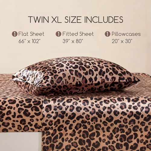 MR&HM Satin Bed Sheets, Twin XL Size Sheets Set, 3 Pcs Silky Bedding Set with 15 Inches Deep Pocket for Mattress (Twin XL, Brown Leopard) MR&HM