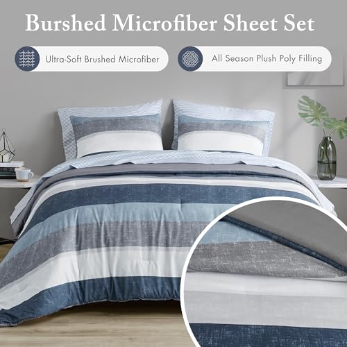 Madison Park Essentials Jaxon Bed in a Bag Comforter Set with Sheet, Printed Stripe Design, Modern All Season Bedding and Matching Sham, Queen Blue/Grey 7 Piece Madison Park