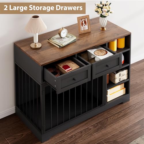 IDEALHOUSE 47” Large Dog Crate, Dog Kennel Indoor with 2 Drawers and 4 Shelves, Dog Crate Furniture TV Stand, Wooden Dog Cage for Medium Large Dogs, Black IDEALHOUSE