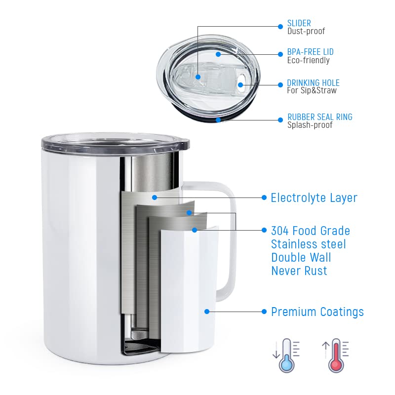 AGH 16oz Sublimation Mugs with Handle, 304 Stainless Steel Sublimation Coffee Mug with Splash-proof Lid, Vacuum Insulated Travel Beer Tea Mug Compatible with Cricut Mug Press, 4 Pack AGH