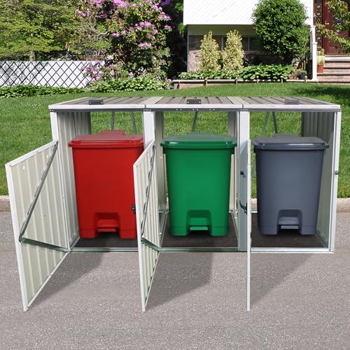 Metal Outdoor Garbage Bin Shed, Lockable Storage Shed for 3 Trash Cans, Galvanized Steel Waste Bin Storage Shelter for Garden, Yard, Patio, Grey Heliodeck