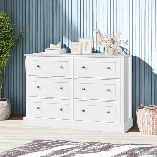 FACBOTALL Modern 6 Drawer Double Dresser, White Dresser Wood Dresser, Wide Chest of Drawers with Deep Drawers & Mental Double Handles Nursery Dresser for Living Room, Hallway FACBOTALL