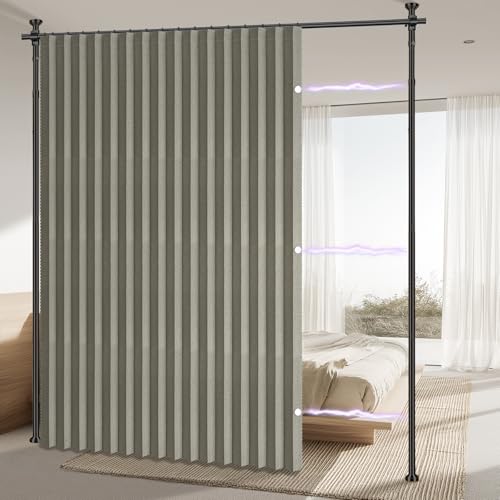 AJAZZ Privacy Curtains for Room Divider with Blackout & Soundproof (Grey, W100 x L84 in, 1 Panel)+ No Drill Curtain Rods(H) 43-120×(W) 35-100 in, Wall Divider for Bedroom/Studio/Office Curtain AJAZZ
