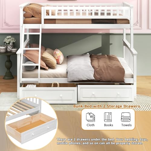 Harper & Bright Designs Convertible Wood Twin Over Full Bunk Bed with 2 Storage Drawers and Ladder - Can Be Divided Into Two Daybeds, White Harper & Bright Designs