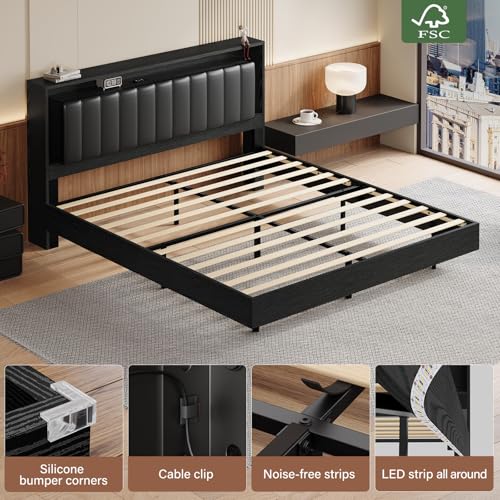 Belffin Floating Bed Frame Queen Size with LED Lights & Charging Station, Wooden Headboard with Hidden Storage and Faux Leather Backrest, Easy Cleaning, No Box Spring Needed, Noise-Free, Black Belffin