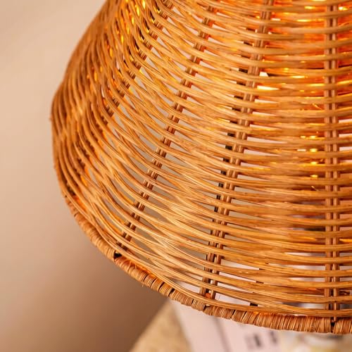 Calacatta Marble Stacked Ball Table Lamp - Hand-Woven Rattan Shade, 15" Stone Margot Artistic Vintage Lamp Luxury for Bedroom Living Room, Counter, Console, Entryway, Gift (Calacatta Viola Marble) BSOD