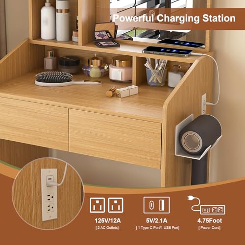 QueZeiah Small Makeup Vanity Desk with Mirror and Lights, Mini Vanity with Stool, 2 Large Drawers, Charging Station, Dressing Table Set for Women's Bedroom, Dressing Room, Wood QueZeiah