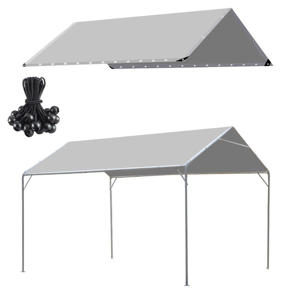 BOUTICOL 10 x 20 Ft Heavy Duty Carport Replacement Canopy Cover Waterproof & UV Protected Garage Top Tent Shelter Tarp Cover with 44 Ball Bungees Cords, Only Top Cover, Grey BOUTICOL