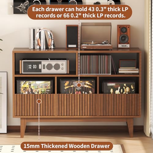Forrelaxis 48" XL Record Player Stand with 3 Drawers, Mid Century Modern Vinyl Record Storage Cabinet Up to 285 LPs, Turntable Media Console Table for Living Room Bedroom(Walnut) Forrelaxis