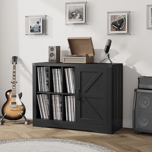 GarveeHome Farmhouse Record Player Stand with Barn Doors, 39.4" Turntable Table with Display Shelves, Wooden Media Console & LP Record Holder for Living Room, Black GarveeHome