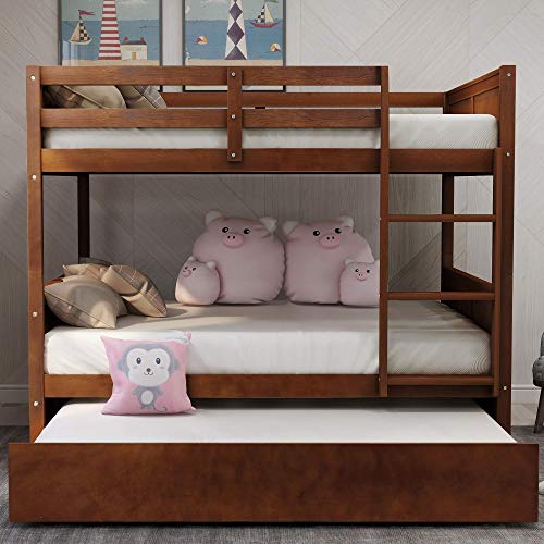 NC Full Over Full Wood Bunk Bed with Twin Trundle Bed and Removal Ladder and Safety Rail, Can be Divided into 2 Beds, Walnut N\C