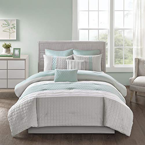 510 DESIGN Cozy Comforter Set - Geometric Honeycomb Design, All Season Down Alternative Casual Bedding with Matching Shams, Decorative Pillows, King(104"x92"), Seafoam/Grey 8 Piece 510 DESIGN