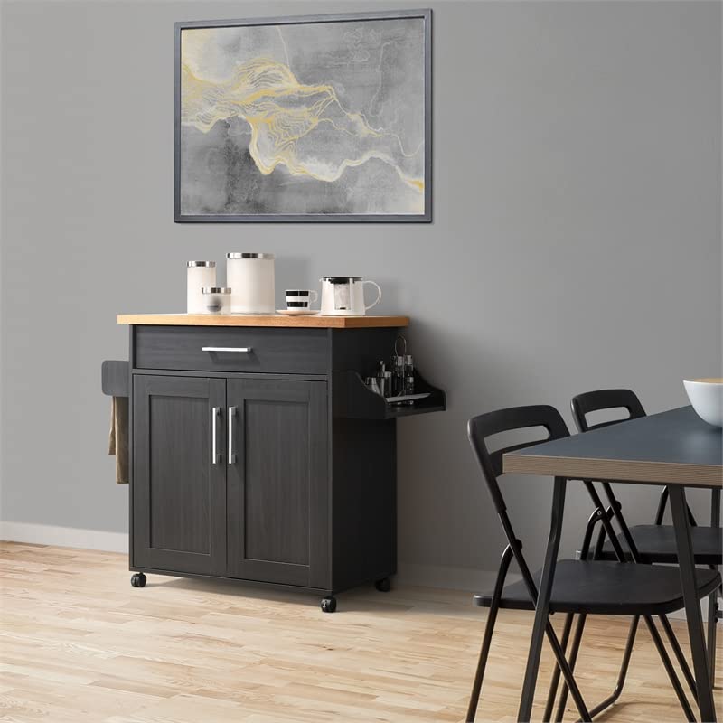 Pemberly Row Contemporary Wood Kitchen Island with Spice Rack in Black/Beech Pemberly Row