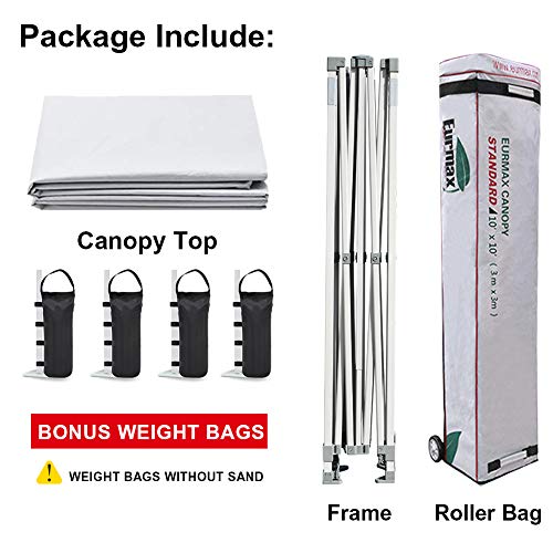 Eurmax USA Patented 10x10 Pop Up Canopy Tent Party Tent Commercial Instant Canopies Shelter with Heavy Duty Roller Bag,Bonus 4 Sand Bags (Snow White) Eurmax