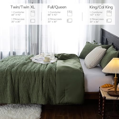 COTTEBED Reversible Chenille Cotton Queen Size Comforter Set, Luxury Textured Stripe Soft Modern Bedding 3 Piece Down Comforter and Sham Set, Lightweight All Season(Dark Olive Green,Full/Queen) COTTEBED