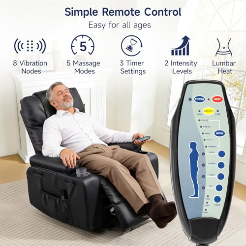 Brage Living Power Lift Recliner Chair for Elderly with Massage & Heat, PU Leather Electric Recliner with USB Charge Port, 160° Adjustable Recline, Stand Assist, Remote Control, Cup Holders (Black)