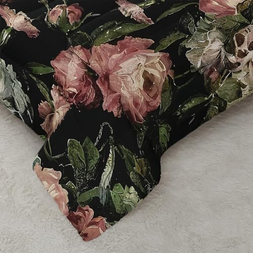 Nttopship Boho Floral Comforter Set Twin Black Floral Bedding Sets 3PCS for Kids Teen Adult Flowers Leaves Room Decor Ultra-Soft Lightweight Microfiber 1 Comforter with 2 Pillowcases Nttopship