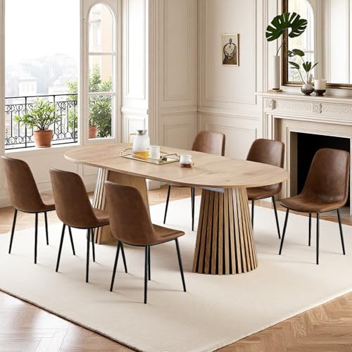39"-71"Extendable Dining Table Set for 6, Oval Wood Dining Room Table Set with Fluted Pedestal Base & Soft Suede Chairs, Mid-Century Modern Extendable Kitchen Table Set for 6 for Home, Space-Saving Rejeke