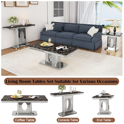 ModaWhly 47 Inch Console Table with Black Rectangular Faux Marble Top, Modern Sofa Entryway Table with Silver Stainless Steel Base for Living Room, Hallway, Entrance ModaWhly