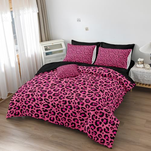Leopard Print Comforter King Black and Pink Bedding Sets 8 Pcs Hot Pink Cheetah Animal Print Texture Wild Leopard Bed in A Bag with Comforter and Sheet Set Chumerry