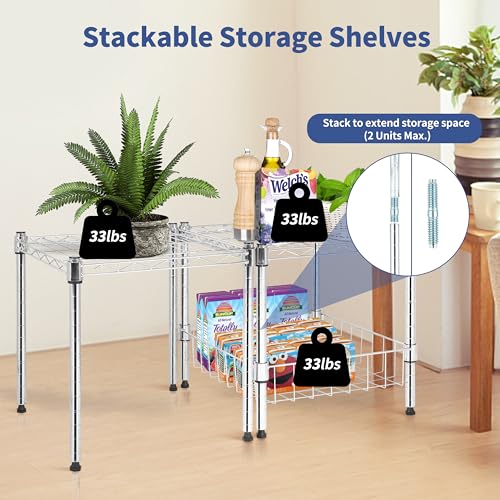 YSSOA Heavy Duty Shelving Unit, Wire Metal Stackable Storage, 2-Tier Shelf, with Basket, Chrome, 15" W x 13.8" D x 15" H YSSOA