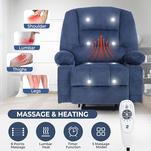 KCQ Overstuffed Electric Recliner Chairs for Adults with Cup Holder and USB Port, Fabric Power Lift Recliner Chair with Heat and Massage for Elderly Seniors, Blue