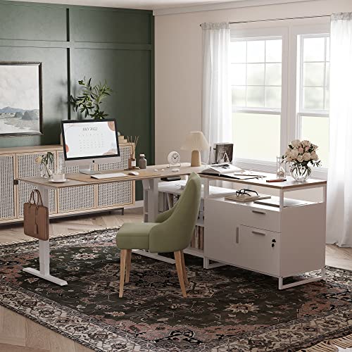 FEZIBO 66 Inch Executive L Shaped Standing Desk, Electric Height Adjustable Stand up Desk with 2-Drawer File Cabinet, Home Office Modern Wood Computer Desk with Shelves, White Frame/Light Walnut Top FEZIBO