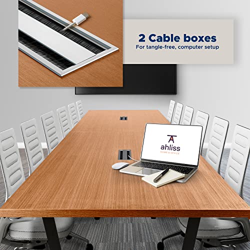 ahliss Sturdy Conference Table with Cable Management Grommets Modern Rectangle Office Meeting Table with Wood Tabletop and Metal Frame & Legs- Easy Assembly Boardroom Table (Natural, 12 foot) ahliss