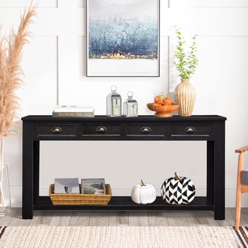kinbor Long Sofa Table - Black 60 Inch Console Tables for Living Room, Hallway Table with 4 Drawers, Modern Wood Entryway Table with Storge Shelf kinbor