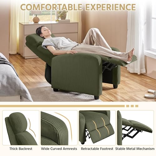 Topeakmart Corduroy Recliner Sofa Mid-Century Recliner Chair Single Reclining Chair Upholstered Sofa for Living Room Bedroom Home Theater Dark Green