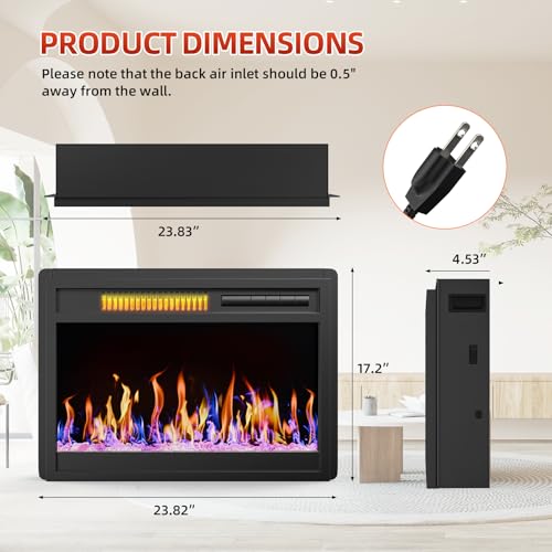 23“ Electric Fireplace Insert, 1500W/1000W Electric Fireplace Heater for Indoor Use with 12 Colors Adjustable Flame, Fireplace Stove for Home Office, Fake Fireplace with Remote Control CUOZOVA