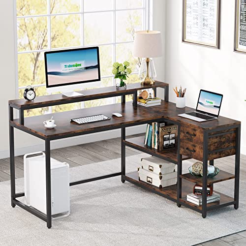 Tribesigns Rustic L Shaped Desk with Drawers and Shelves for Home Office Tribesigns